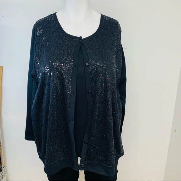 Quacker‎ Factory Top Shirt Woman 2X  Black Sequin Knit Faux Twin Long Sleeve - Picture 1 of 10